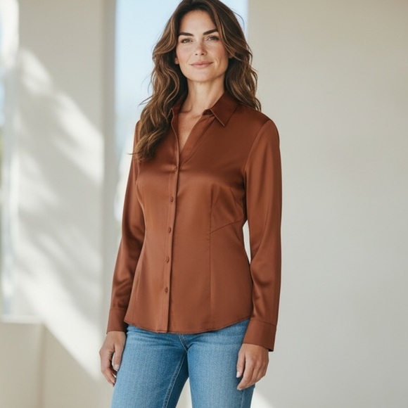 Chico's Tops - NWOT CHICO'S POLISHED COTTON RUSSET BROWN CLASSIC FITTED BUTTON-DOWN BLOUSE SZ L